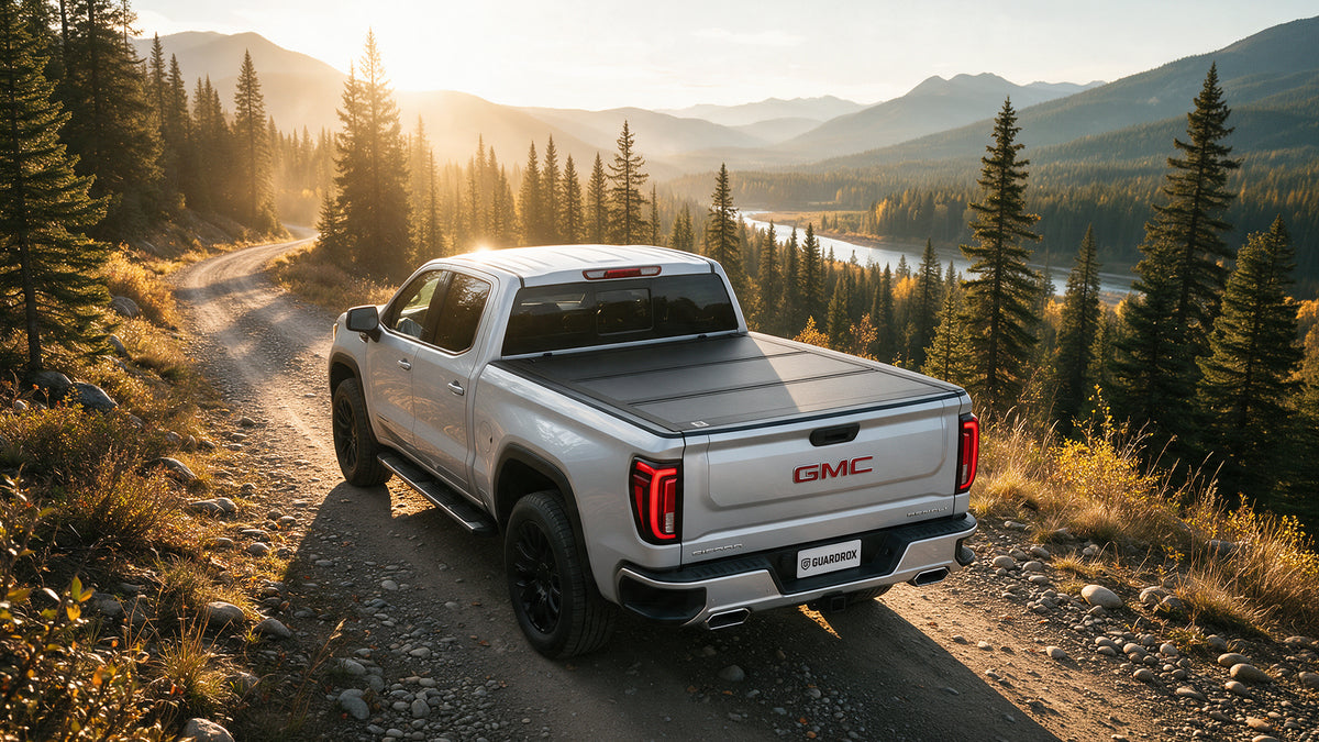 GMC Sierra 1500 parked on a mountain gravel road overlooking a river valley at golden hour