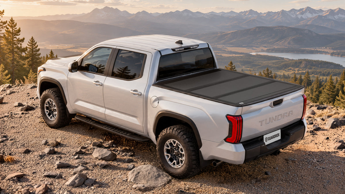 Toyota Tundra parked on a mountain gravel road overlooking a river valley at golden hour