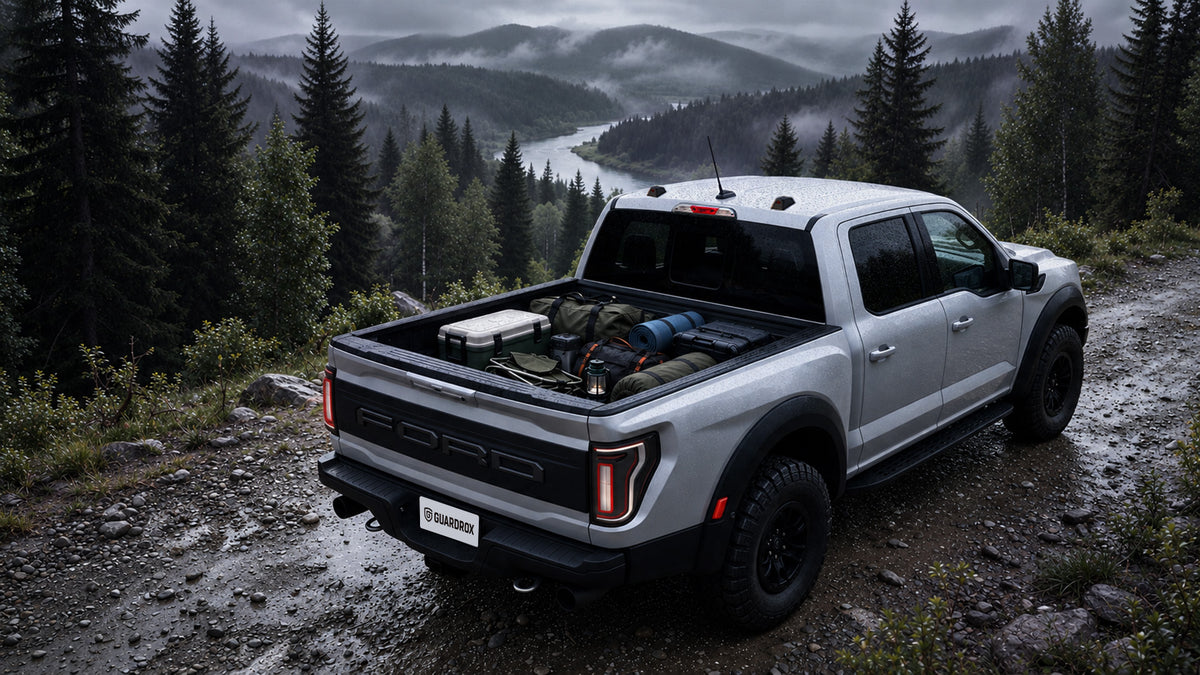 Ford F-150 parked on a mountain gravel road overlooking a river valley without tonneau cover