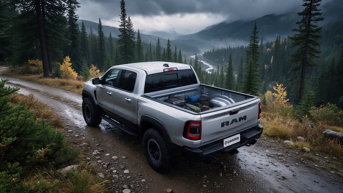 RAM 2500 3500 bed open with a cooler, duffels, and camping gear on a rainy mountain road