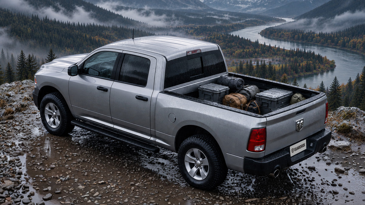 RAM 1500 New Body bed open with a cooler, duffels, and camping gear on a rainy mountain road