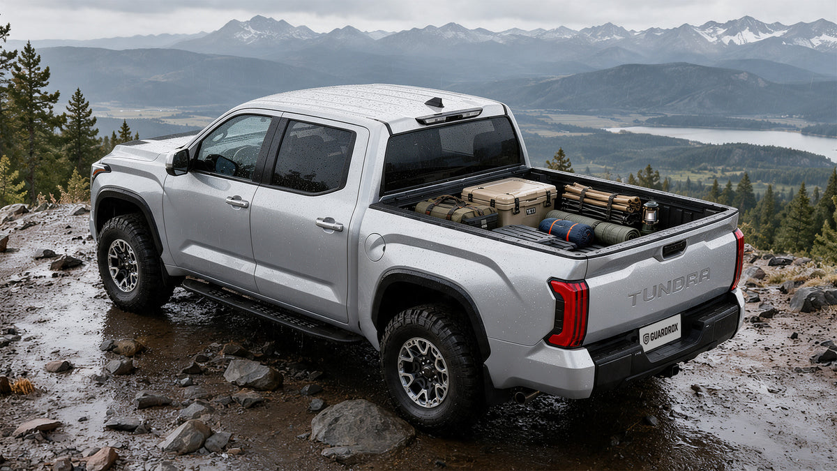 Toyota Tundra bed folded open with a cooler, duffels, and camping gear on a rainy mountain road