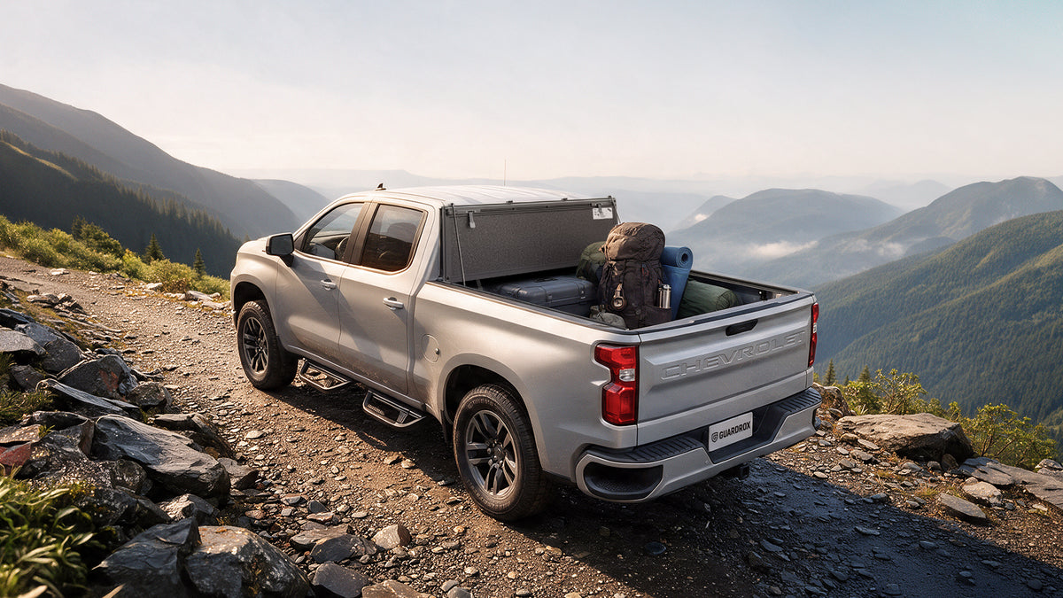 Chevy Silverado 1500 bed with the LX5 tonneau cover shown flipped upright side by side