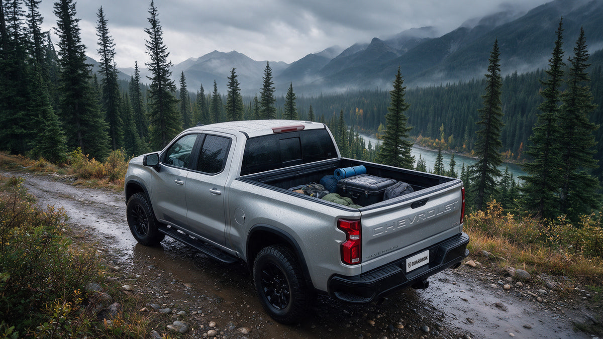 Chevy Silverado bed folded open with a cooler, duffels, and camping gear on a rainy mountain road