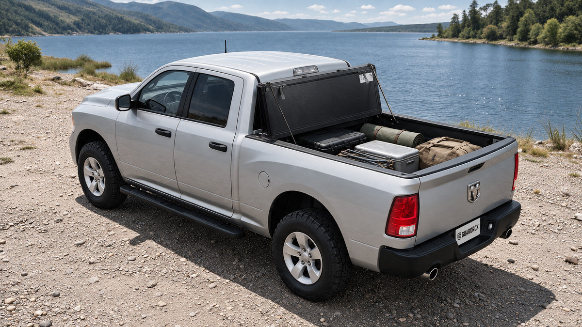 Dodge Ram 1500 Classic bed with the LX5 tonneau cover shown flipped upright side by side