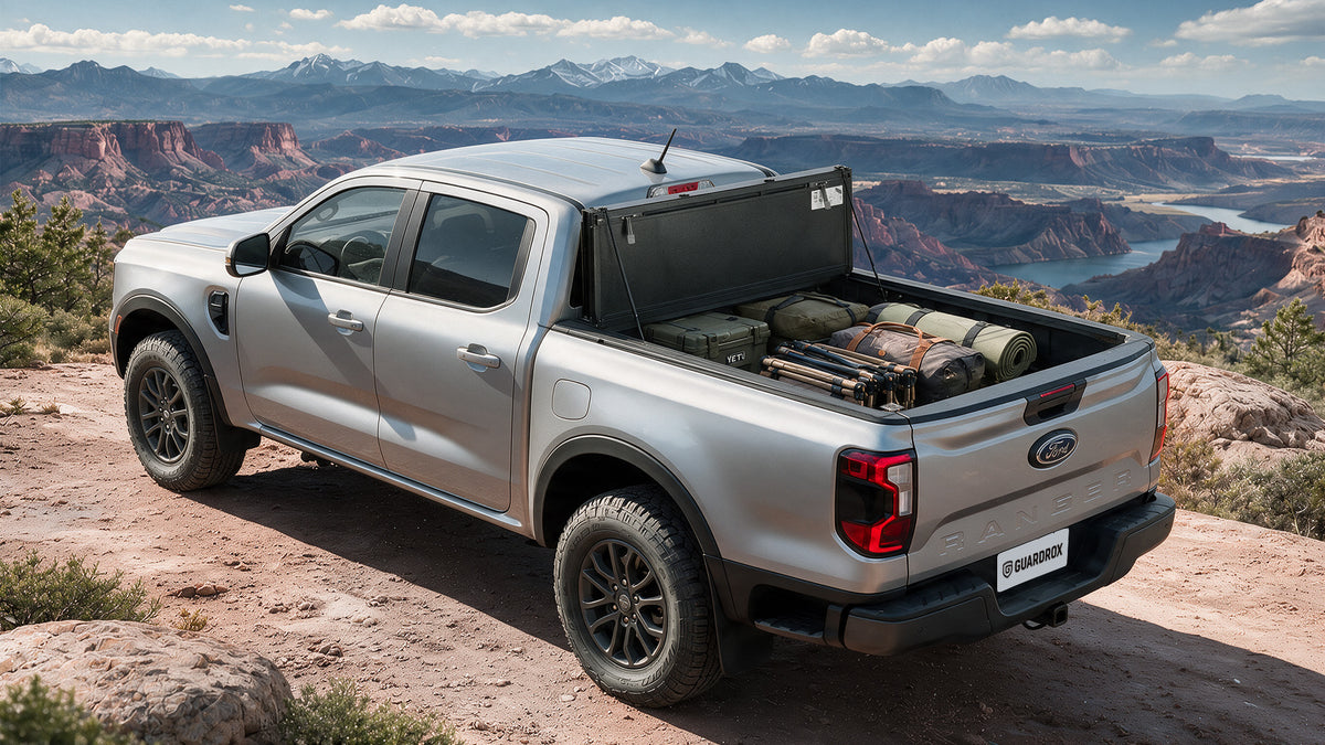 Ford Ranger bed with the LX5 tonneau cover shown flipped upright side by side