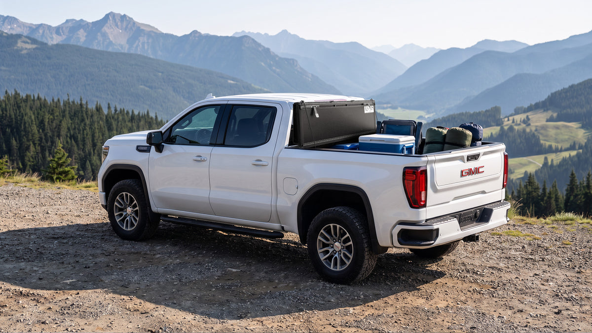 GMC Sierra 1500 bed with the LX5 tonneau cover shown flipped upright side by side