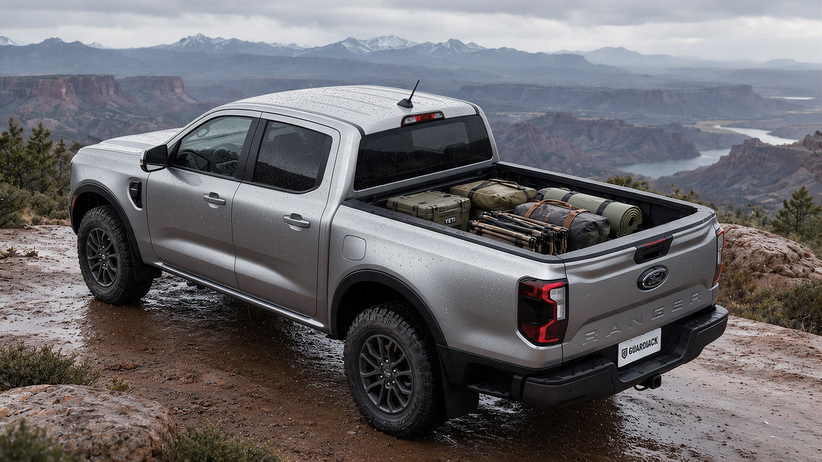 Ford Ranger parked on a mountain gravel road overlooking a river valley at golden hour