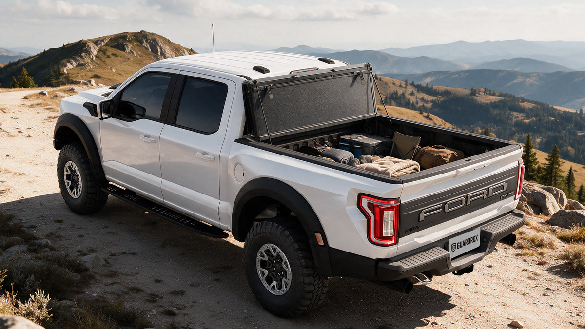 Ford F-150 bed with the LX5 tonneau cover shown flipped upright side by side