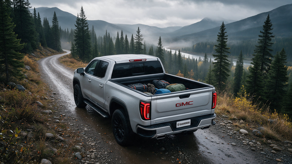 GMC Sierra 1500 6.7ft bed folded open with a cooler, duffels, and camping gear on a rainy mountain road