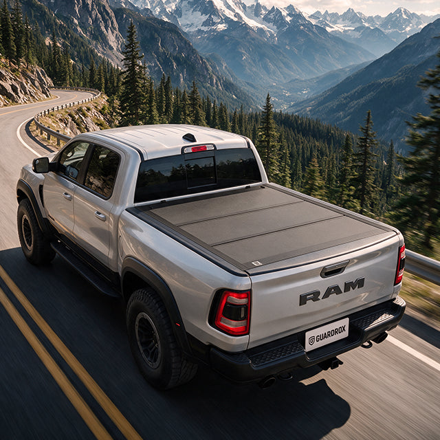 RAM 1500 New Body with a hard bed cover speeding on a gravel mountain road, dust trailing behind