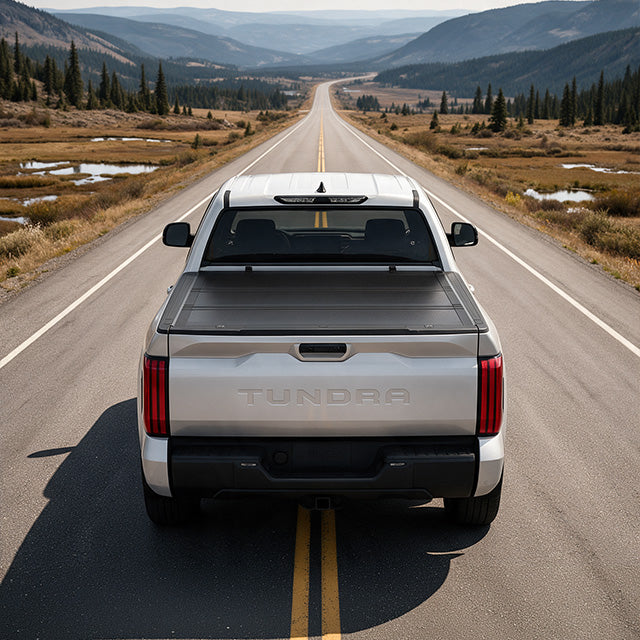 Toyota Tundra with the LX5 flip up cover exploring a gravel mountain trail