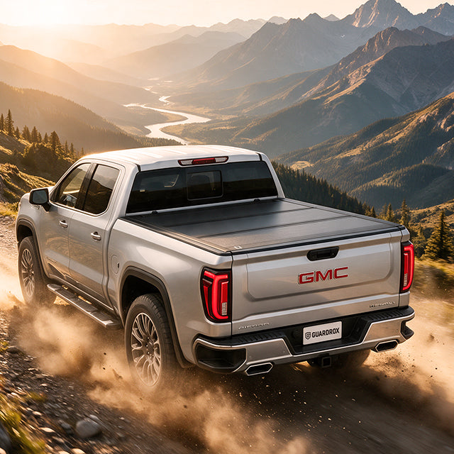 GMC Sierra 1500 with a hard bed cover speeding on a gravel mountain road, dust trailing behind