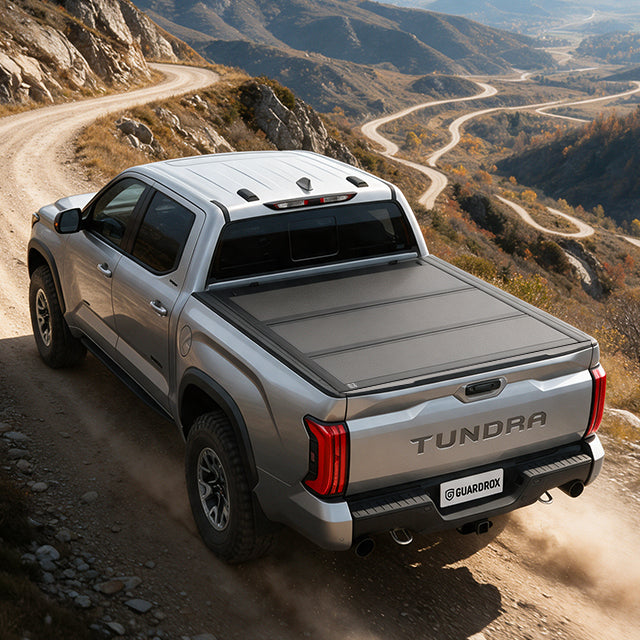 Toyota Tundra with a hard bed cover speeding on a gravel mountain road, dust trailing behind