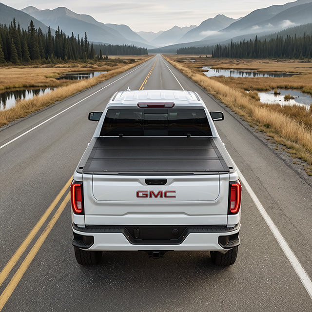 GMC Sierra 1500 with the LX5 flip up cover exploring a gravel mountain trail