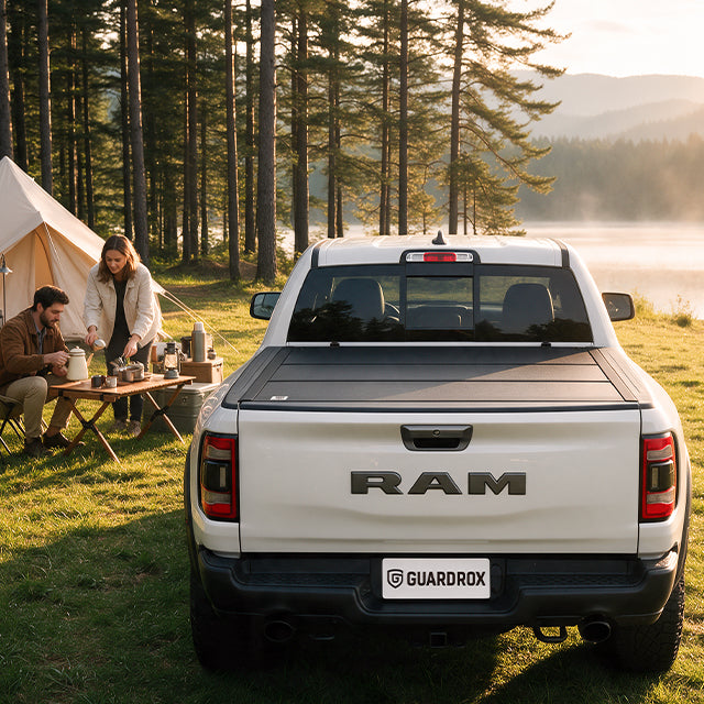 Family unpacking camping gear from an open RAM 1500 New Body bed beside a lakeside campsite in autumn