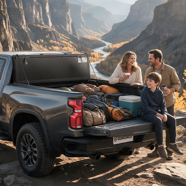 Family loading luggage beside a Chevy Silverado 1500 with the LX5 flip up cover on a road trip