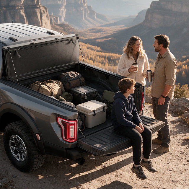 Family loading luggage beside a Ford F-150 with the LX5 flip up cover on a road trip