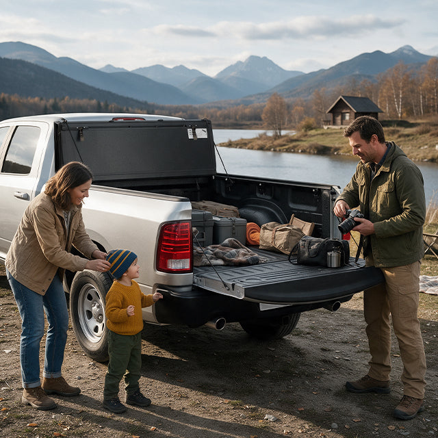 Family loading luggage beside a Dodge Ram 1500 Classic with the LX5 flip up cover on a road trip