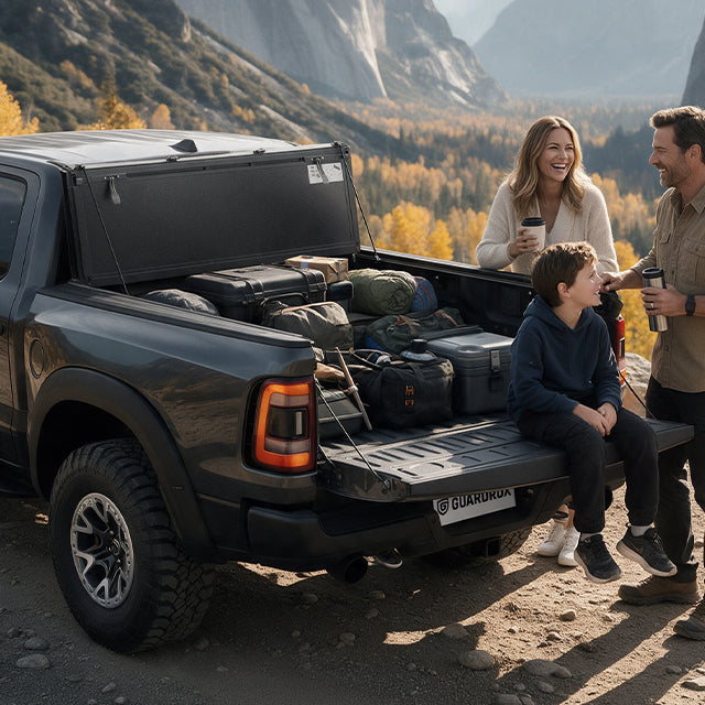 Family loading luggage beside a RAM 1500 with the LX5 flip up cover on a road trip