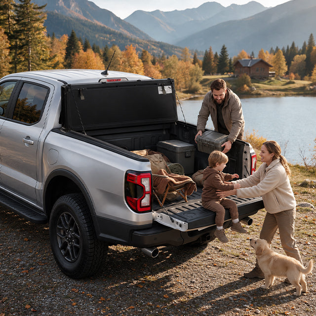Family loading luggage beside a Ford Ranger with the LX5 flip up cover on a road trip