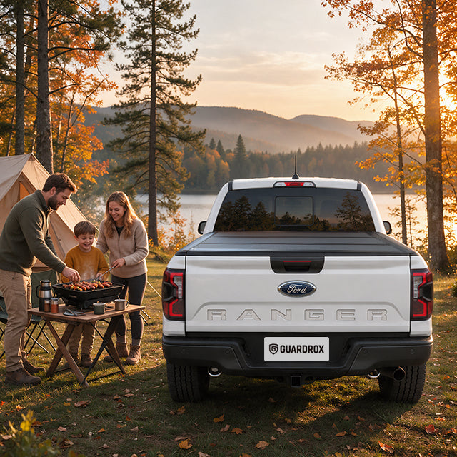 Family unpacking camping gear from an open Ford Ranger bed beside a lakeside campsite in autumn
