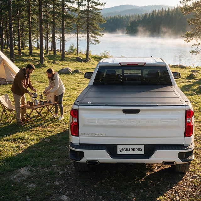 Family unpacking camping gear from an open Chevy Silverado bed beside a lakeside campsite in autumn