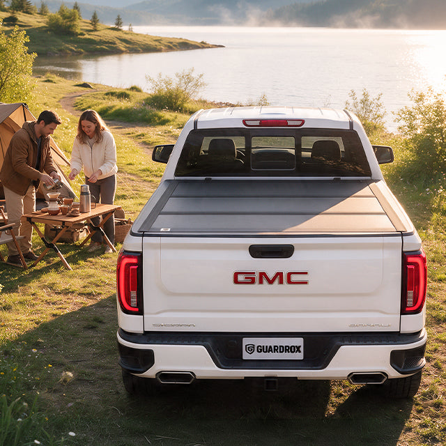 Family unpacking camping gear from an open GMC Sierra 1500 bed beside a lakeside campsite in autumn
