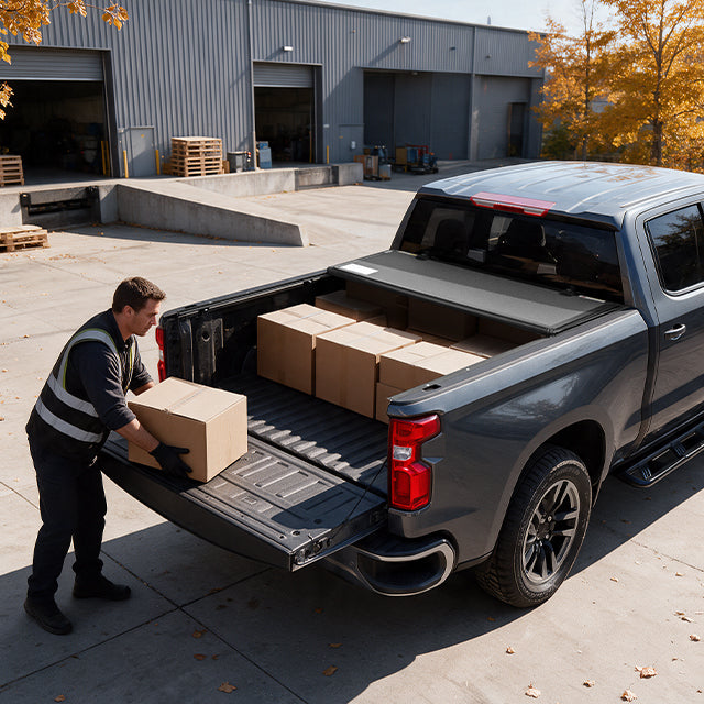 A man loading grocery bags and boxes into an open Chevy Silverado bed outside a supermarket