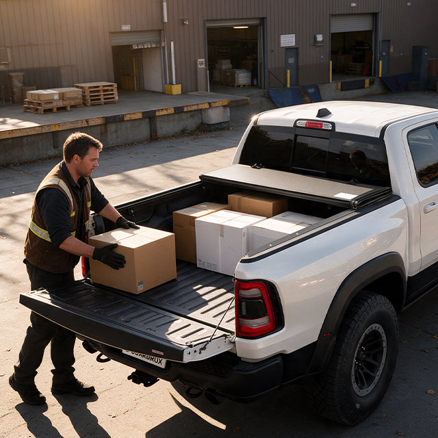 A man loading grocery bags and boxes into an open RAM 1500 New Body bed outside a supermarket