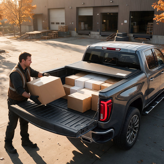 A man loading grocery bags and boxes into an open GMC Sierra 1500 6.7ft bed outside a supermarket