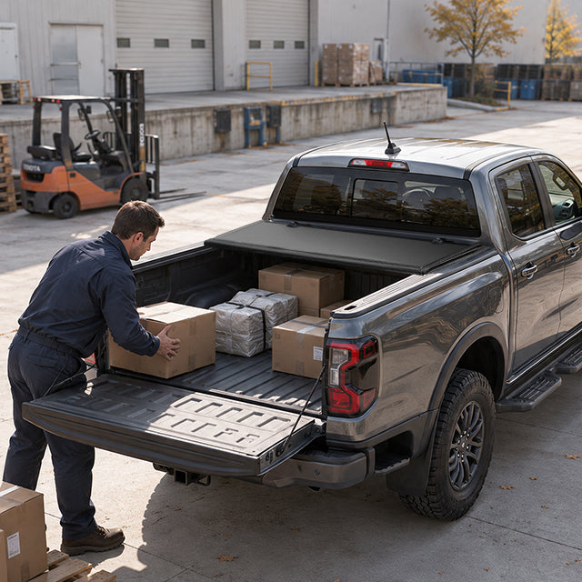 A man loading grocery bags and boxes into an open Ford Ranger bed outside a supermarket