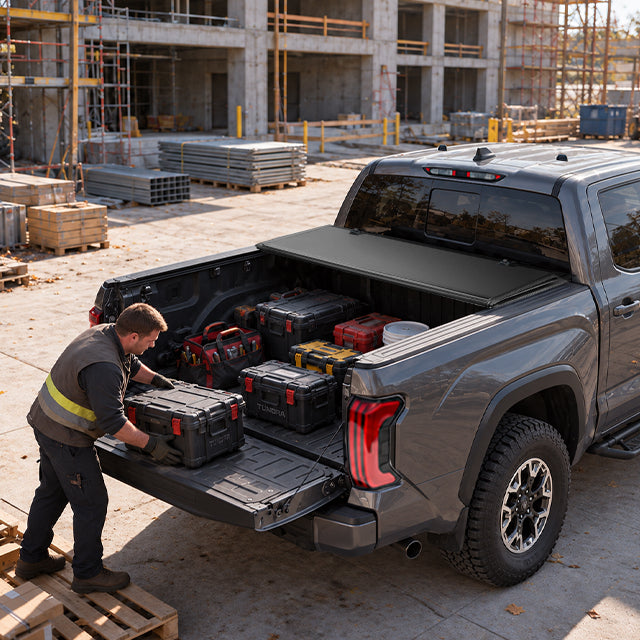 A man loading grocery bags and boxes into an open Toyota Tundra bed