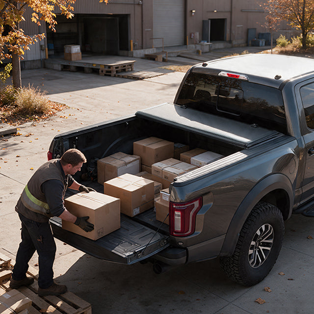 Family loading grocery bags and boxes into an open Ford F-150 bed outside a supermarket