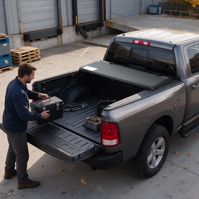 A man loading grocery bags and boxes into an open Dodge RAM 1500 Classic bed outside a supermarket