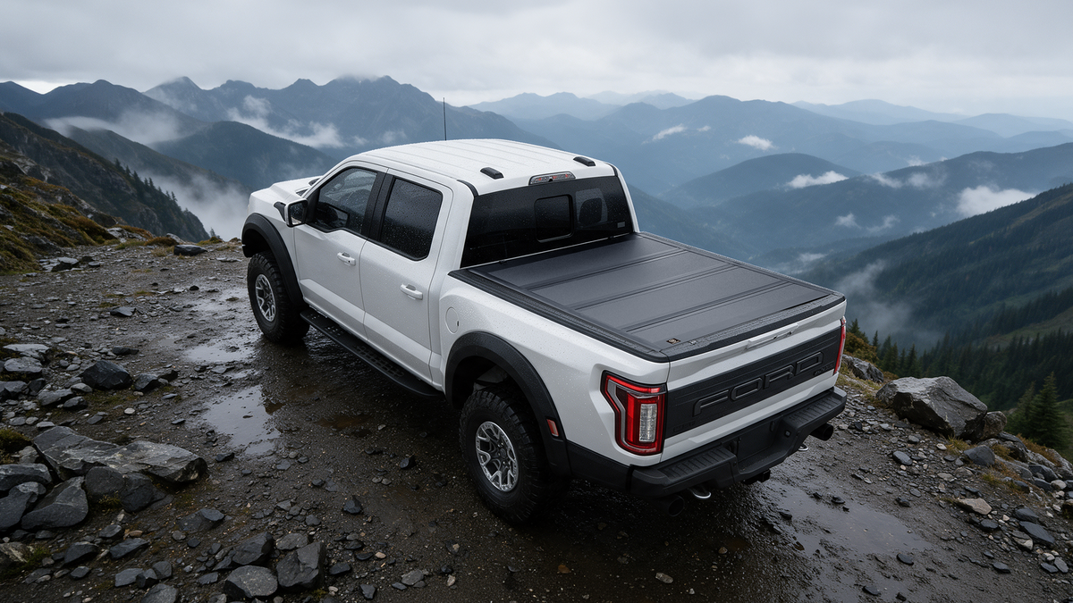 hard tonneau cover f150 folded open with a cooler, duffels, and camping gear on a rainy mountain road