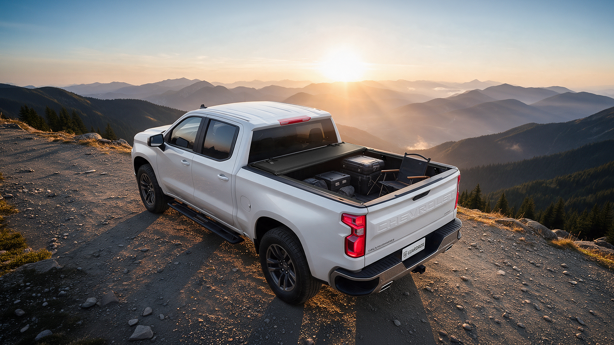 chevy silverado with the hard tonneau cover open
