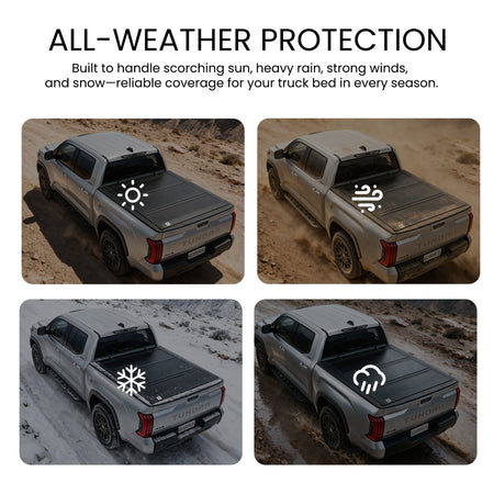 All-weather performance of LX5 Toyota Tundra hard bed cover in rain and snow