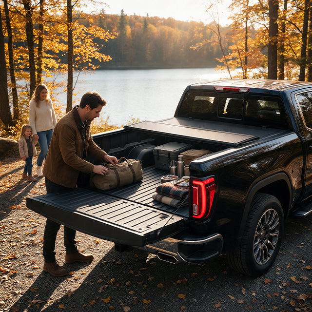 Family unpacking camping gear from an open gmc sierra bed cover beside a lakeside campsite in autumn