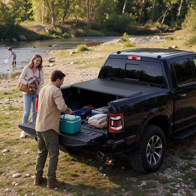 Family unpacking camping gear from an open ram 1500 bed cover beside a lakeside campsite in autumn