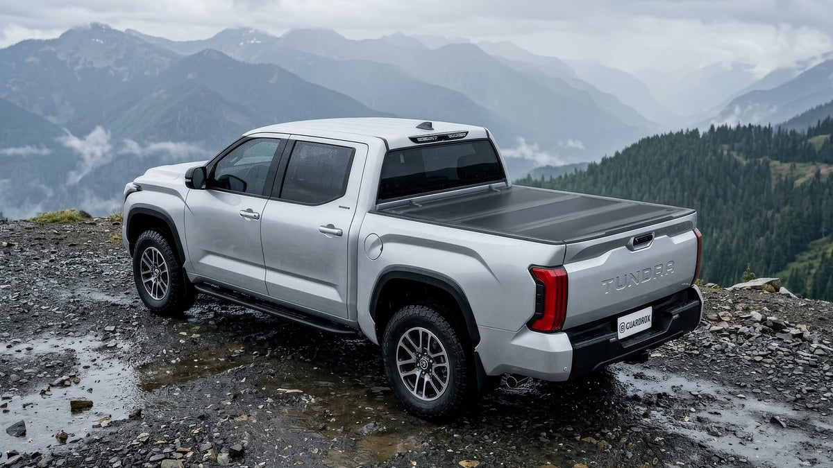 Closed flip-up hard bed cover on Toyota Tundra 5.5ft bed showing sleek profile
