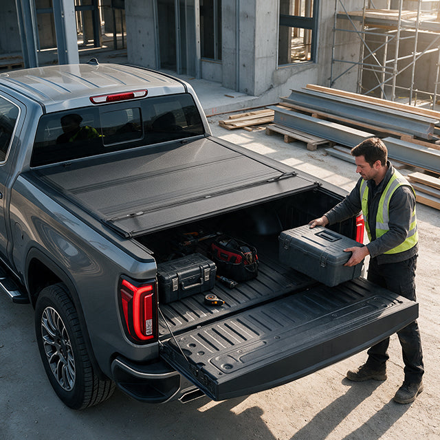 Family loading grocery bags and boxes into an open gmc sierra with L6 quad fold tonneau cover outside a supermarket