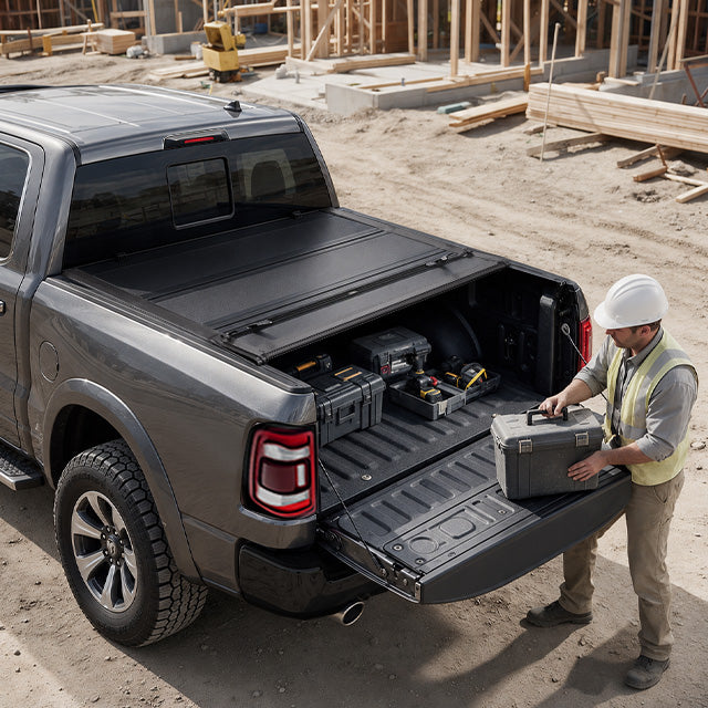 Family loading grocery bags and boxes into an open ram 1500 with hard tonneau cover outside a supermarket