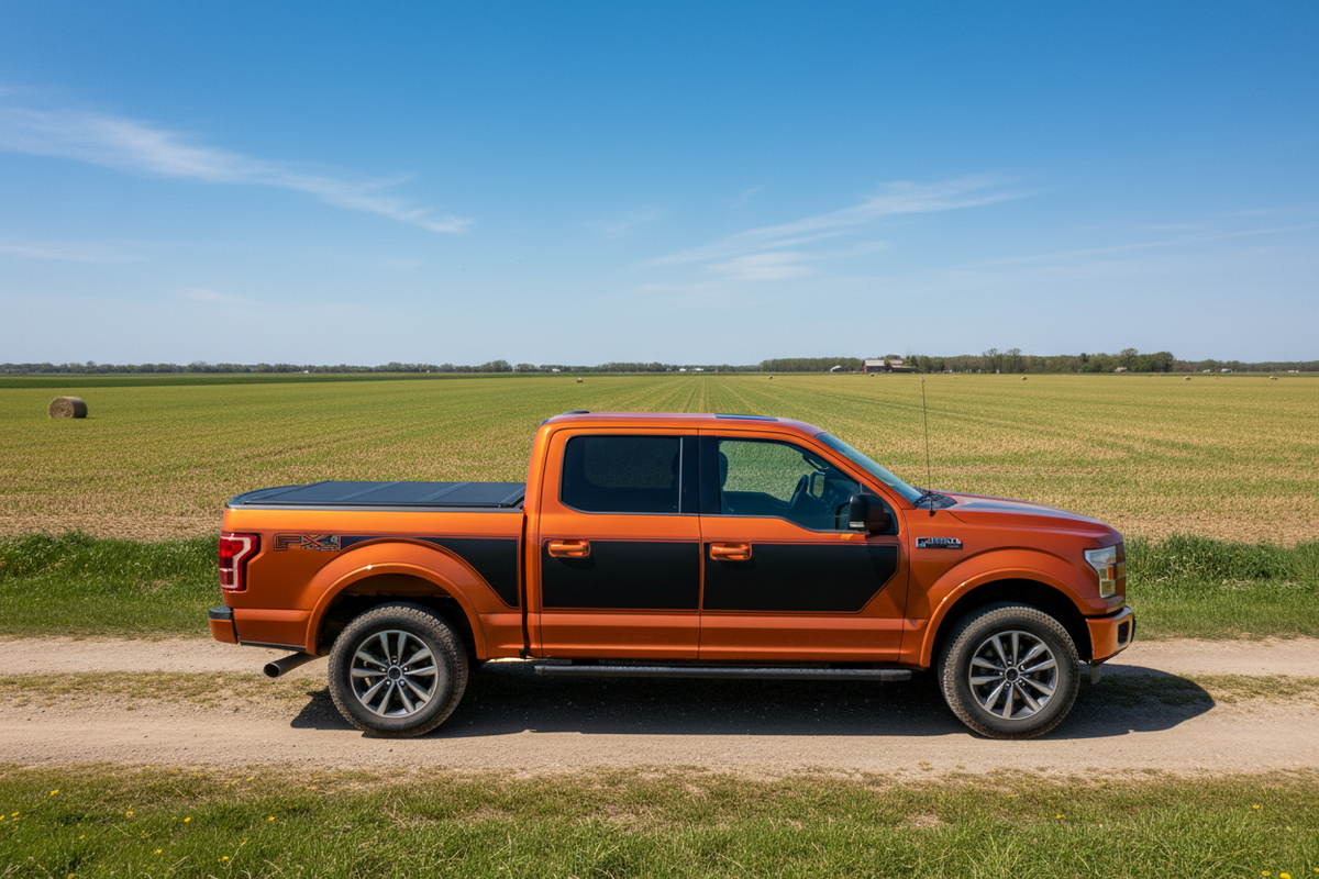 A Ford F-150 pickup truck is parked on a vast farm, shown in a side view from a slightly elevated angle that reveals the rear of the vehicle, which is fitted with a black tri-fold tonneau cover. The truck is predominantly orange with black trim pieces creating a striking color contrast.