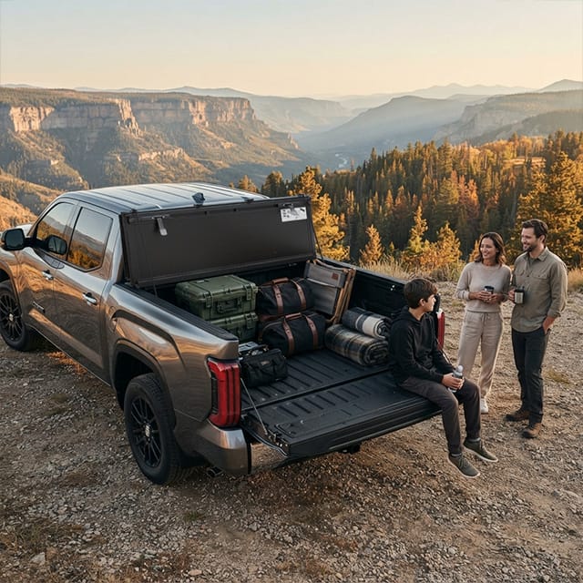 Family road trip with Toyota Tundra bed cover protecting luggage