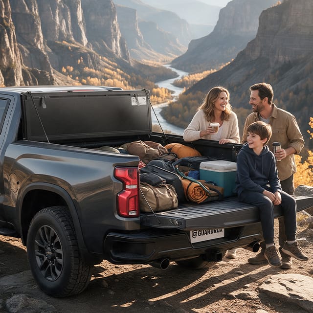 Family road trip with Chevy Silverado 1500 Long Bed bed cover securing luggage