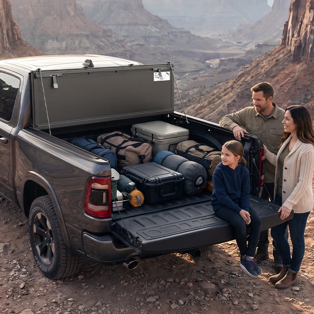 Family road trip with Ford Maverick bed cover securing luggage