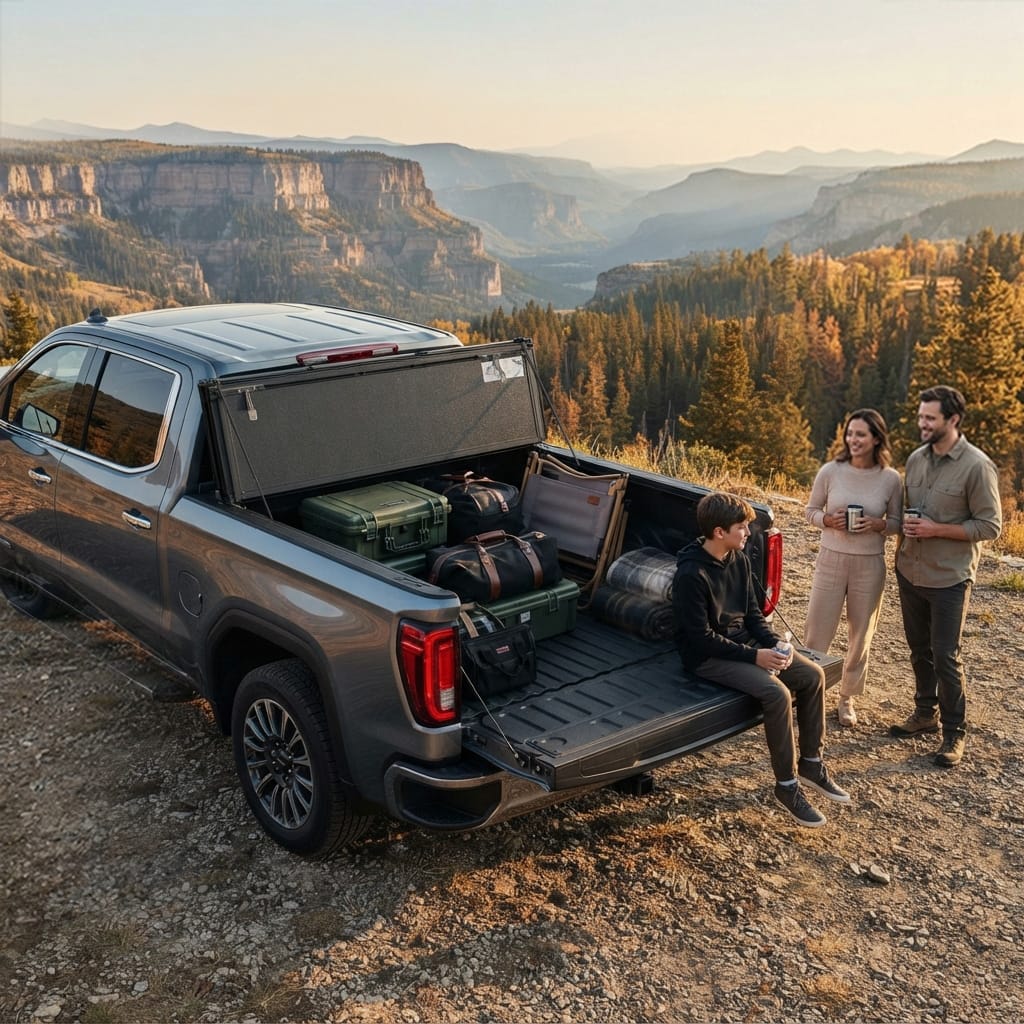 Family road trip with GMC Sierra 1500 bed cover securing gear