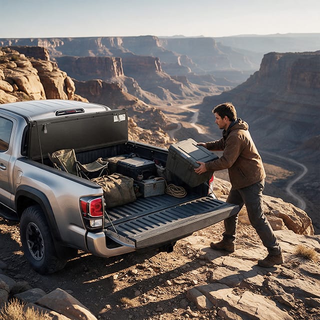 Family road trip with Toyota Tacoma 5ft Short Bed bed cover securing luggage