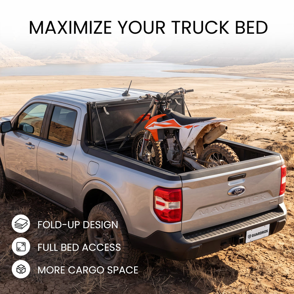 Flip-up tonneau cover for Ford Maverick opening for tall cargo